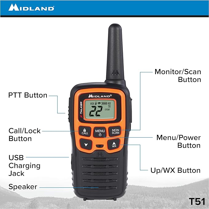 Midland T51VP3 22 Channel FRS Walkie Talkie - Up to 28 Mile Range Two-Way Radio - Orange/Black (Pack of 10)