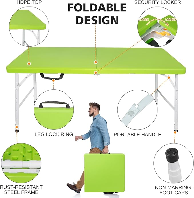 Portable 4Ft Adjustable Height Plastic Folding Table, Heavy Duty Fold-in-Half Table with Carrying Handle, Small Utility Foldable Table for Picnic Party Camping BBQ, Indoor/Outdoor (Green)