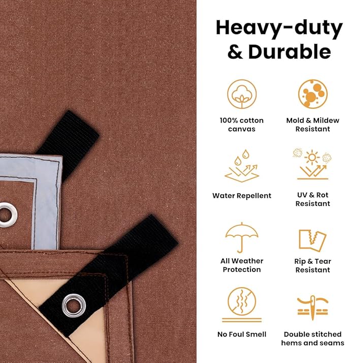 WHITEDUCK Canvas Tarp 18 oz. Heavy Duty Waterproof UV Resistant, Rustproof Grommets, Industrial & Commercial Use Cloth Tarp (Cut Size: 8'x16', Finished Size: 7'6" x15'6", Brown)