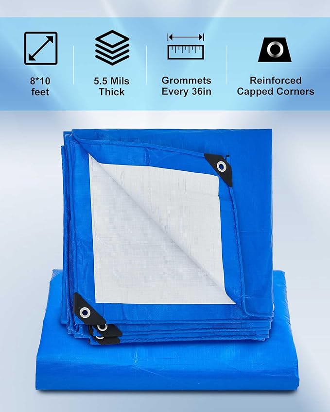 3 Pcs Large Waterproof Tarp 8 x 10 ft Heavy Duty 5.5 Mil Thick Poly Tarpaulin with Grommets Multipurpose Protective Cover for Summer Home Boats Cars Camping Rv Pool Tent