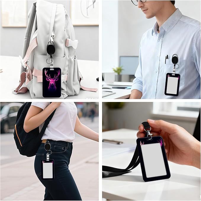 ID Badge Holder with Retractable Lanyard for Women & Men,Vertical ID Card Holder Wallet,Clear Window&Card Slot,Detachable Neck Strap for Nurse Teacher Office,Neon Pink Deer