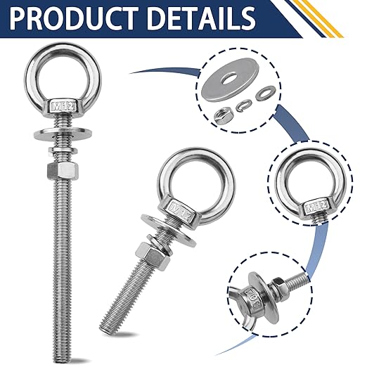 4 Pack M12 Stainless Steel Eye Bolts with Nuts, 1/2" x 3" Long Lifting Ring Eye Bolt， Eye Bolts Heavy Duty for Hang Tie Down Outdoor (4, M12x77mm (1/2"x3"))