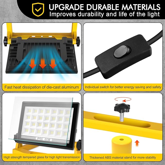 60W 6000LM LED Work Light with Stand, 13ft Cord & Magnetic Base, IP66 Waterproof Portable Flood Light, 3 Modes with Memory, Hook for Workshop, Construction, Outdoor