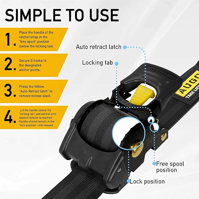AUGO Retractable Ratchet Straps | 2 Heavy Duty Ratchet Straps Self Retractable Tie Downs with Soft Loops & Storage Bag for Motorcycle, Truck, Trailer, Cargo Van | 3000 Lb Break Strength 2” x 10’