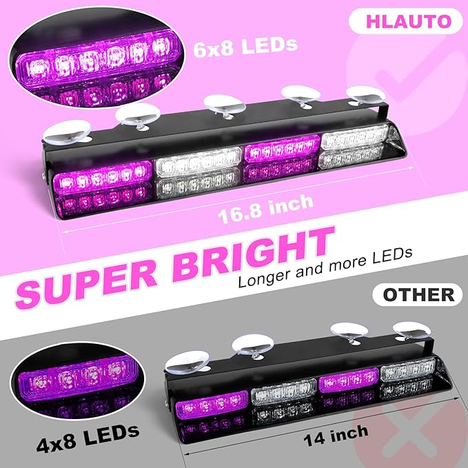 HLauto 604N Emergency Dash Strobe Lights: 2x16.8 inch Purple White Security Light w/Take Down, 48 LED Safety Flashing Warning Hazard Interior Windshield Light Bar for Truck Vehicle