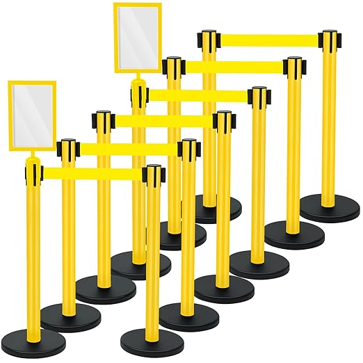 Therwen 12 Pack Therwen Heavy Duty Crowd Control Stanchions 9.8 ft Stainless Steel Stanchion Set with Safety Barrier Post Retractable Belt and Sign Holder Crowd Control Barrier(Yellow Belt, Yellow)