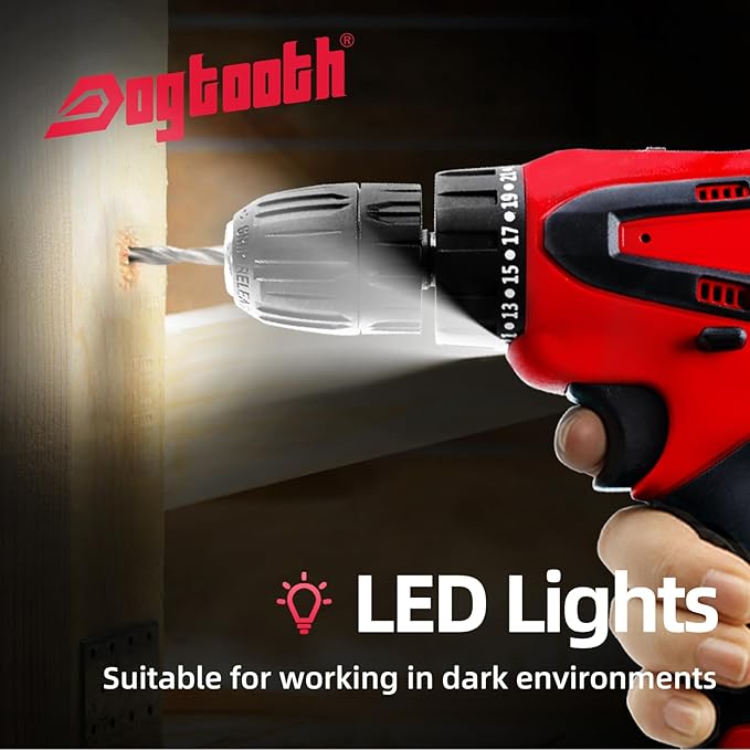 DOGTOOTH 21V MAX Cordless Drill, 2 * 2.0 Ah Batteries, 2 Speed Functions Max 1350 RPM, Build-in LED, 23 Bits, Charger, Tool Bag - Red