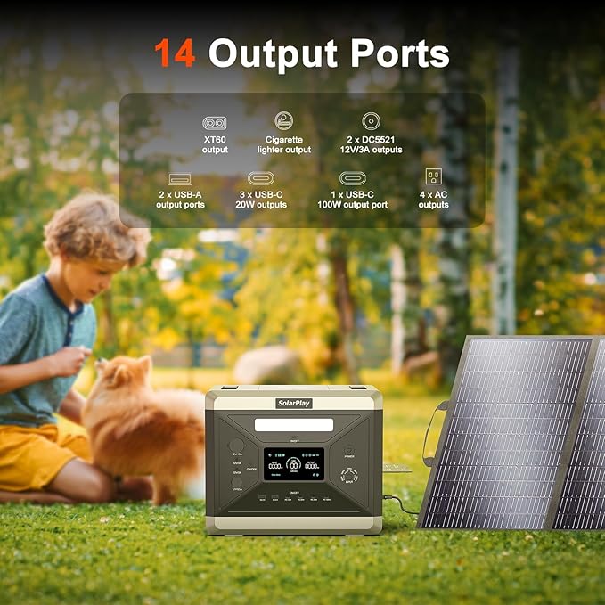 SolarPlay Solar Powered Generator 2400W/2160Wh, for Camping, Home Backup, and Power Outages, Fast Charging LFP Battery, 4 AC Outlets Emergency Q2501 Portable Power Station