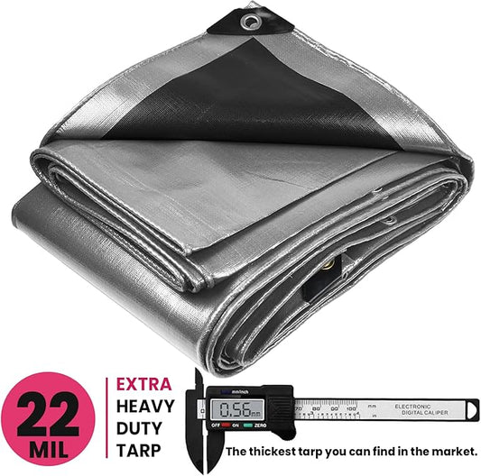PROTARP Extreme Heavy Duty 22 Mil Tarp Cover, Waterproof, UV Resistant, Rip and Tear Proof, Poly Tarpaulin with Reinforced Edges for Roof, Camping, Patio, Pool, Boat. (Silver/Black 30′ X 60′)