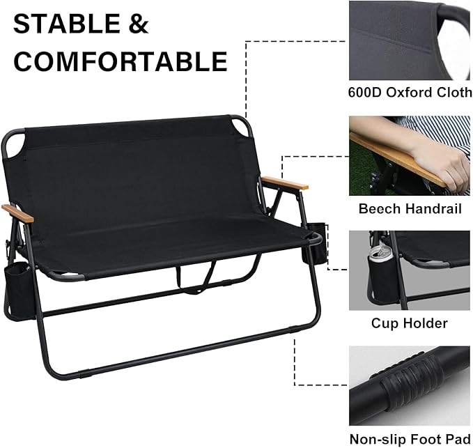 ptlsy 2 Person Camping Chair Oversized Loveseat Camping Chair Double Camping Chairs for Adults Heavy Duty Camping Couch Black Outdoor Folding Chair Portable Patio Lawn Chair