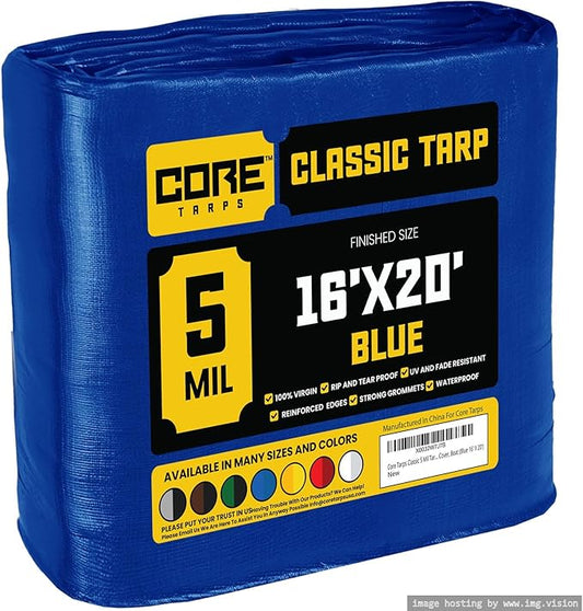 Core Tarps Classic 5 Mil Tarp Cover, Waterproof, UV Resistant, Rip and Tear Proof, Poly Tarpaulin with Reinforced Edges for Roof, Camping, Patio, Pool Cover, Boat (Blue 16′ X 20′)