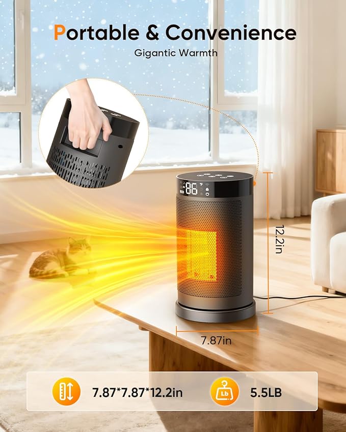 Smart Space Heater with WiFi/APP & Alexa Control, 1500W PTC Ceramic Electric Heaters for Indoor Use, 75° Wide-Angle Oscillation, 24H Timer, ECO Mode, Safe Indoor Portable Heater for Home Office
