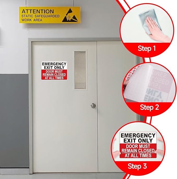 Emergency Exit Only Signs Sticker，Self Adhesive UV, Weather, Scratch, Water & Fade Resistant Door Must Remain Closed At All Times sign for Business, Schools, Offices, Storage Rooms, Hospitals