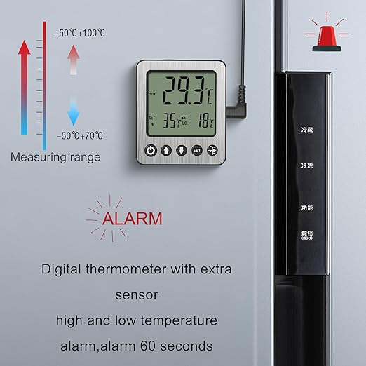 2 pcs Refrigerator Thermometer Freezer Alarm Digital Freezer Thermometer Fridge Thermometer with Extra Sensor high and Low Temperature Alarm (2, Black, ZZ10)