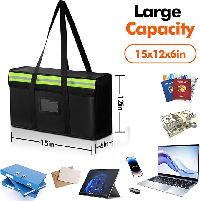 Large Fireproof Document Bags 15x12x6in, Fireproof Document Box for Cash, Photo Albums, Valuables, Extra Large Fireproof Bag Waterproof Document Storage with Reflective Strip, Black