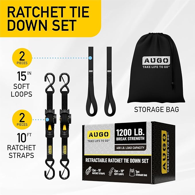 AUGO Retractable Ratchet Straps | 2 Heavy Duty Ratchet Straps Self Retractable Tie Downs with Soft Loops & Storage Bag for Motorcycle, Truck, Trailer, Cargo Van | 1200 Lb Break Strength 1” x 10’