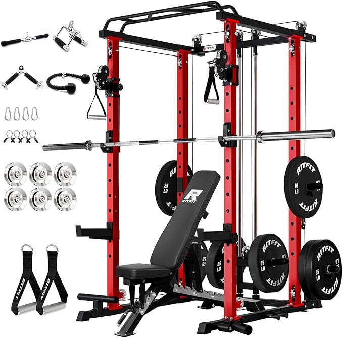 RitFit Multi-Function Squat Rack Power Cage PPC-P3 with Cable Crossover System, 1200LBS Capacity Power Rack and Packages with Optional Weight Bench, Barbell Weight Set, for Garage Workout & Home Gym