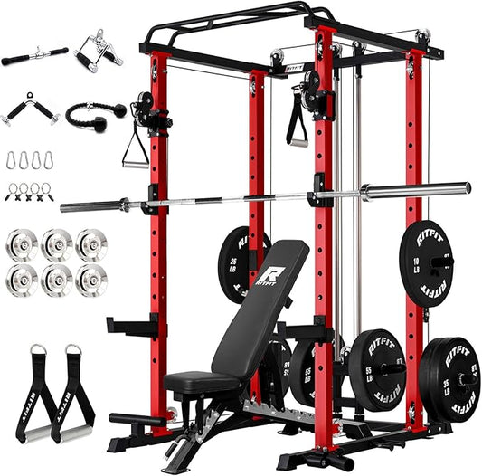 RitFit Multi-Function Squat Rack Power Cage PPC-P3 with Cable Crossover System, 1200LBS Capacity Power Rack and Packages with Optional Weight Bench, Barbell Weight Set, for Garage Workout & Home Gym