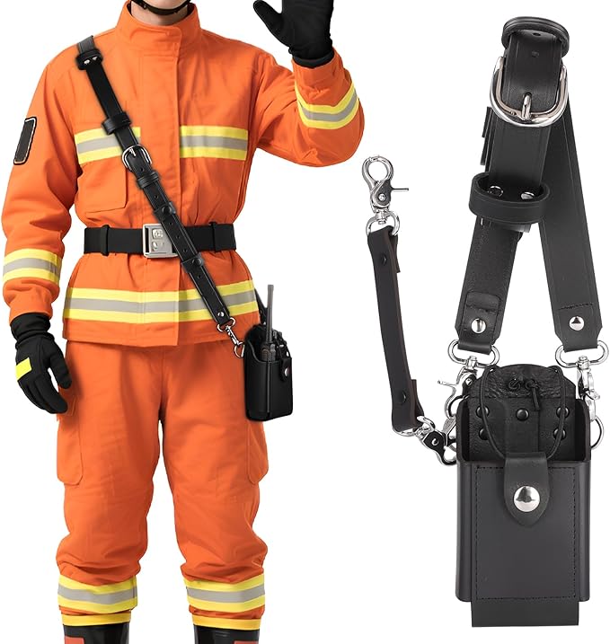 abcGoodefg Leather Radio Holster Set, Firefighter Radio Strap and Holder, Anti-sway Strap, Compatible with Motorola APX Series - for Firefighters, EMT, Police (Black)