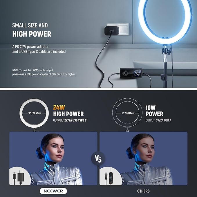 NEEWER 12" 24W High Power RGB LED Ring Light USB C PD Input Phone Selfie Lighting with Tripod Stand 2500-10000K CRI95+ TLCI97+ 1780lux/0.5m for iPhone Makeup Video Recording Studio Photography, RH12C