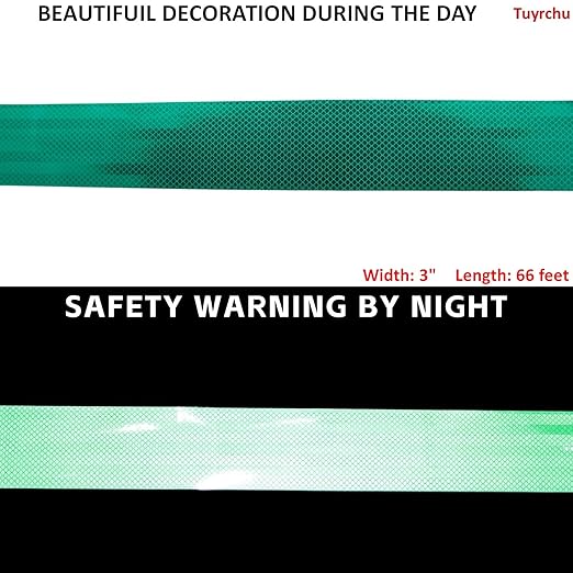 Green Non Fading Reflective Tape Outdoor Waterproof 3 inch Wide for Truck, High Visibility Safety Adhesive Stickers Strips (66 feet)