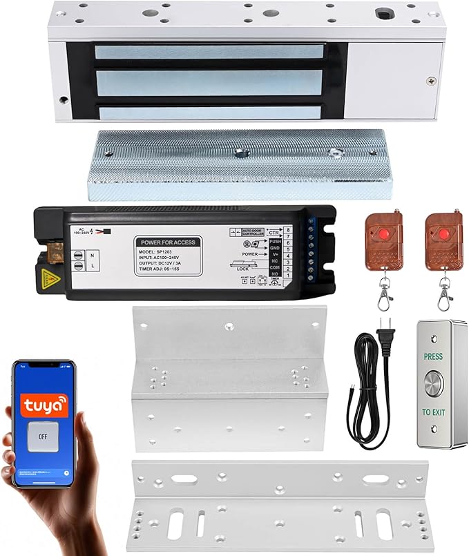 Smart Door Access Control System 1200lbs Magnetic Lock Kit with ZL Bracket Tuya App & Remote Control, Stainless Steel Exit Button