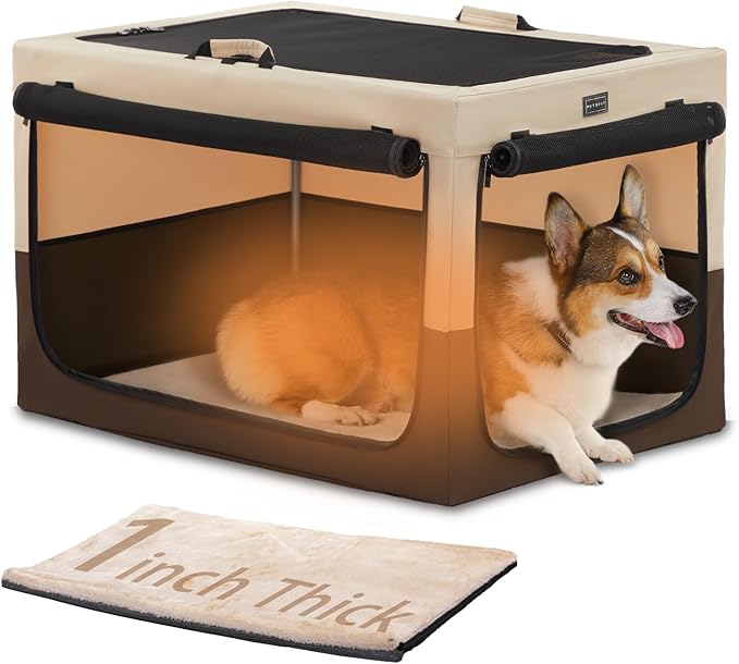 PETSFIT Collapsible Dog Crate, Portable Dog Crate - 30 Inch Easy Set-up, Light, Sturdy, Comfy Inside with Thicken Mat, Soft Sided Crate for Home and Travel Brown