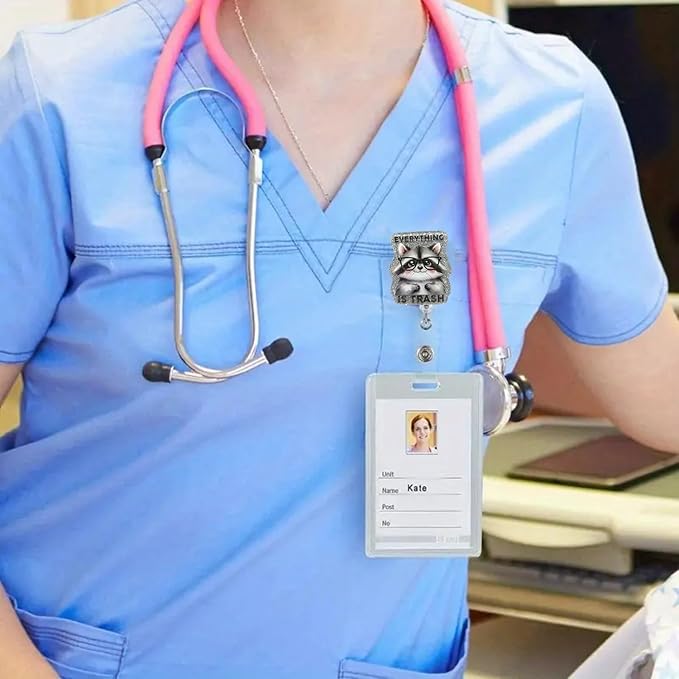 Cute Raccoon Badge Reel Funny Every Thing is Trash Nurse Badge Clip Nursing Doctor Name Tag Decor Raccoon Badge Holder for Student Teacher Medical Worker | with 24” Durable Nylon Cord