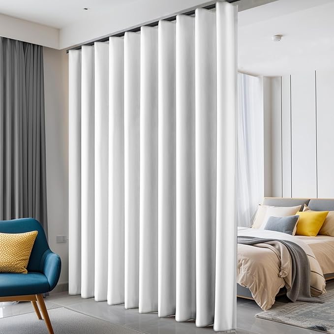 Room Divider Curtains Blackout Ceiling Track Curtain with Hook Wall Mount Sliding Door Curtains Ceiling Mount Extra Wide Curtain Wall Divider for Room Separation(Greyish White,W120 x H108 In)
