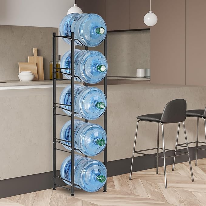 LIANTRAL 5 Gallon Water Jug Holder, 5 Tiers Black Heavy Duty Water Rack Freestanding, Water Bottle Organizer for Home Office