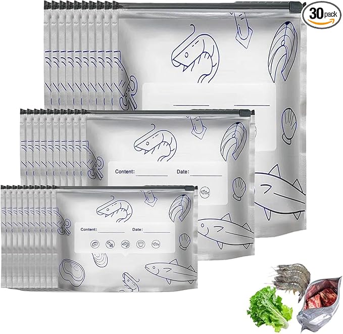 Reusable Aluminum Foil Sealable Storage Bags, 30PCS Freezer Vacuum Pouches with Label & Zipper, Leakproof Stand-Up Bags for Meat, Seafood, Vegetables, Meal Prep