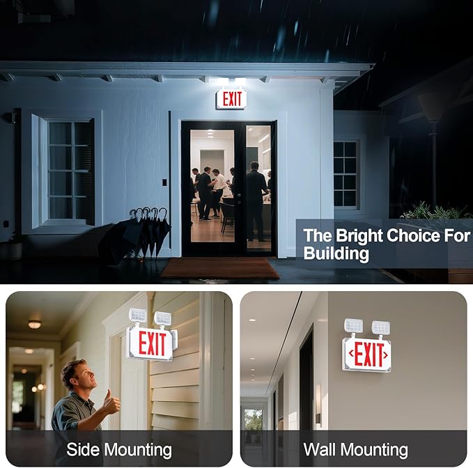 Wet Location Exit Sign with Emergency Lights,Exterior Red LED Exit Light Combo,Double Side exit Sign with Battery Backup,Outdoor Waterproof Exit Light,Adjustable Heads,120/277VAC,UL Listed (1 Pack)