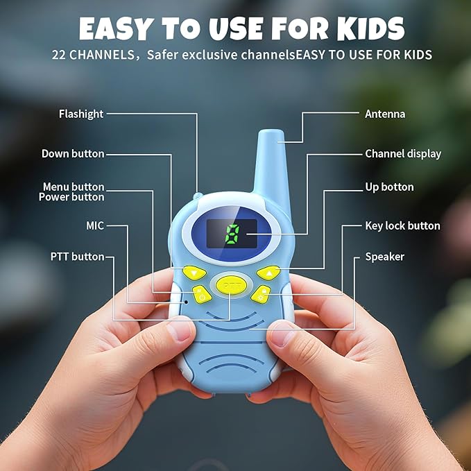 Walkie Talkies for Kids 2 Pack - Boys Girls Christmas Toys Birthday Gifts for Age 4-6 6-8 Year Old Kid Presents - Rechargeable Long Range 2 Way Radio Flashlight Blue Outdoor Toy Camping Hiking