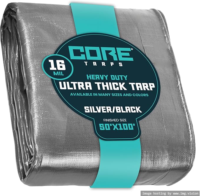 Core Tarps Extra Heavy Duty 16 Mil Tarp Cover, Waterproof, UV Resistant, Rip and Tear Proof, Poly Tarpaulin with Reinforced Edges for Roof, Camping, Patio, Pool, Boat (Silver/Black 50′ X 100′)