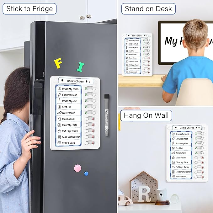 Chore Chart for Kids Dry Erase Chore Board ADHD Tools for Kids to Do List Checklist Task Board Routine Chart Planning Board for Fridge with 10 Sliders and Magnetic Marker, White and Blue, 1 Pack