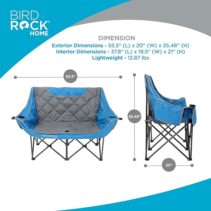 BIRDROCK HOME Double Camping Chair - Double Wine & Cup Holders - Blue & Grey, Durable Padded Fabric, Sturdy Frame, 650 lb Cap. Storage, Spacious Camping Sofa, Loveseat for The Beach, Sports, Outdoors