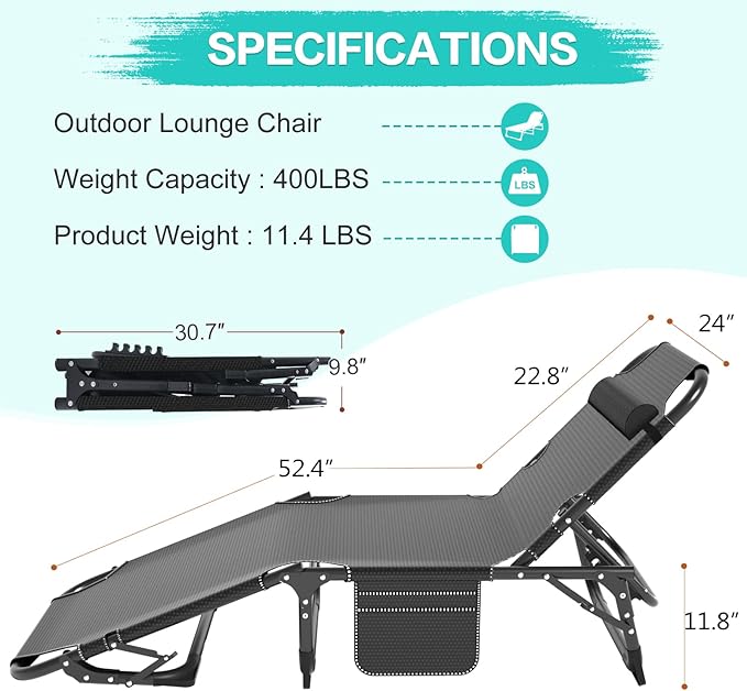 ABORON Patio Lounge Chair, Folding Guest Bed Cot for Adults, 500LB Heavy-Duty Capacity, Portable Extra Bed with Comfort Mat, Quick Fold Design for Indoor Guest Stays & Temporary Use