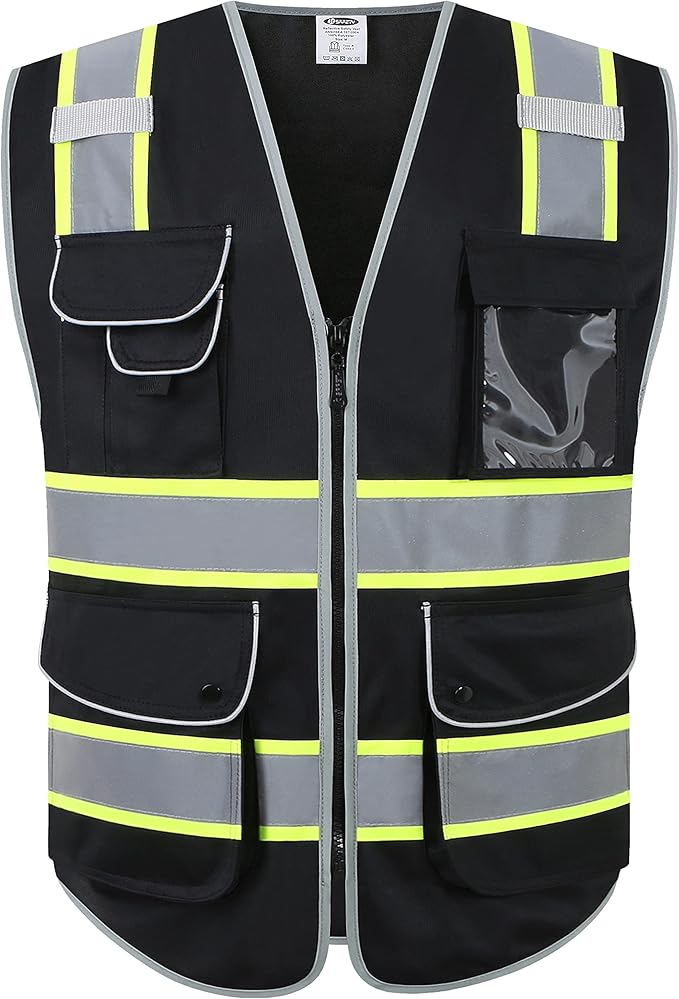 JKSafety 9 Pockets Hi-Vis Black Color Zipper Front Safety Vest Fluorescent Yellow Strips outlining the Reflective Tapes ANSI/ISEA Class 1 (901-Black, XX-Large)