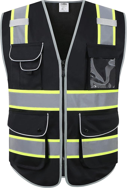 JKSafety 9 Pockets Hi-Vis Black Color Zipper Front Safety Vest Fluorescent Yellow Strips outlining the Reflective Tapes ANSI/ISEA Class 1 (901-Black, X-Large)