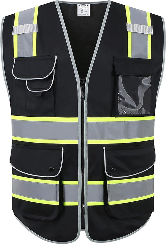 JKSafety 9 Pockets Hi-Vis Black Color Zipper Front Safety Vest Fluorescent Yellow Strips outlining the Reflective Tapes ANSI/ISEA Class 1 (901-Black, Large)