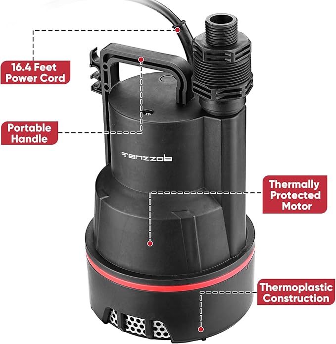 Sump Pump, 1/4 HP 2000GPH Submersible Utility Water Pump, Thermoplastic Portable Electric Water Removal Transfer Pump with 16.4FT Cord for Swimming Pool Basement Garden Pond Tubs Draining