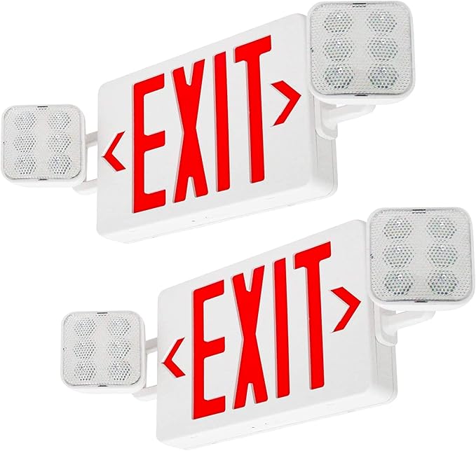 LED Combo Exit Sign Emergency Light, Double Sided with Two LED Flood Lights, Exit Signs for Business with Battery Backup, Fire Resistant, Commercial Grade 100-277V