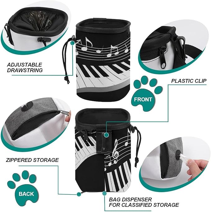 Dog Feed Snack Reward, Pet Training Package, Dog Snack Pocket with Adjustable Waist Belt 3 Ways to Wear White Piano Keys with Musical Notes Black