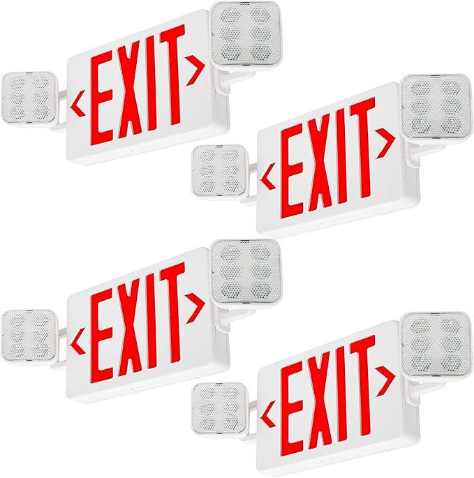 LED Combo Exit Sign Emergency Light, Double Sided Letters with Two LED Flood Lights, Exit Signs for Business with Battery Backup, Fire Resistant, Commercial Grade 100-277V
