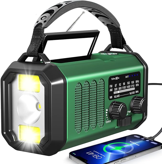 Emergency Radio Hand Crank Solar, AM/FM/NOAA Weather Radio Built-in 20000mah Battery Powered,Type-C Charger,Flashlight, Reading Light,SOS, Compact & Portable for Camping/Emergencies Green