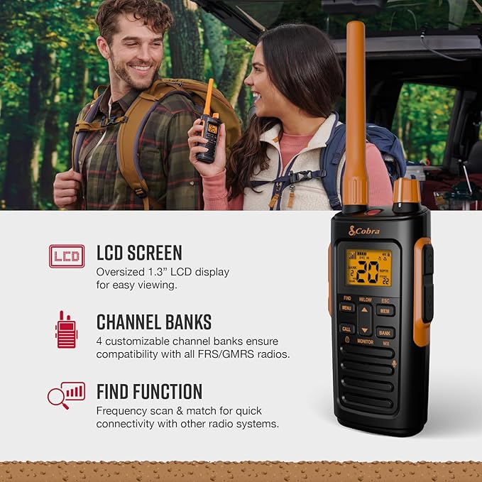 Cobra TrailBlazer 450 GMRS Radio (2-Pack) – IP54 Weather Resistant, 16hr Battery, 2.5W Long Range Walkie Talkies, Large LCD Display, NOAA, Programmable Software, Removable Antenna, Repeater Capable