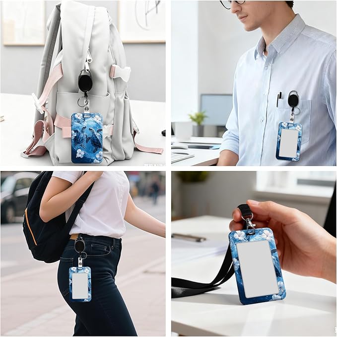 ID Badge Holder with Retractable Lanyard for Women & Men,Vertical ID Card Holder Wallet,Clear Window&Card Slot,Detachable Neck Strap for Nurse Teacher Office,Ocean Turtles & Hibiscus