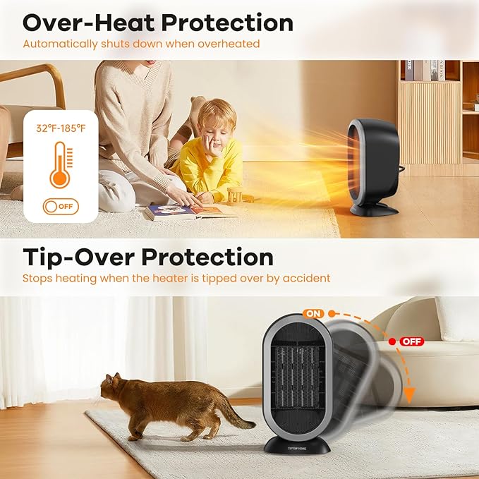 Space Heater, 1200W PTC Fast Heating Ceramic Room Small Heater, Two-Speed Portable Heater Fan with Adjustable, Overheating Protection, Dumping Shutdown, Electric Heaters for Home Bedroom, Office
