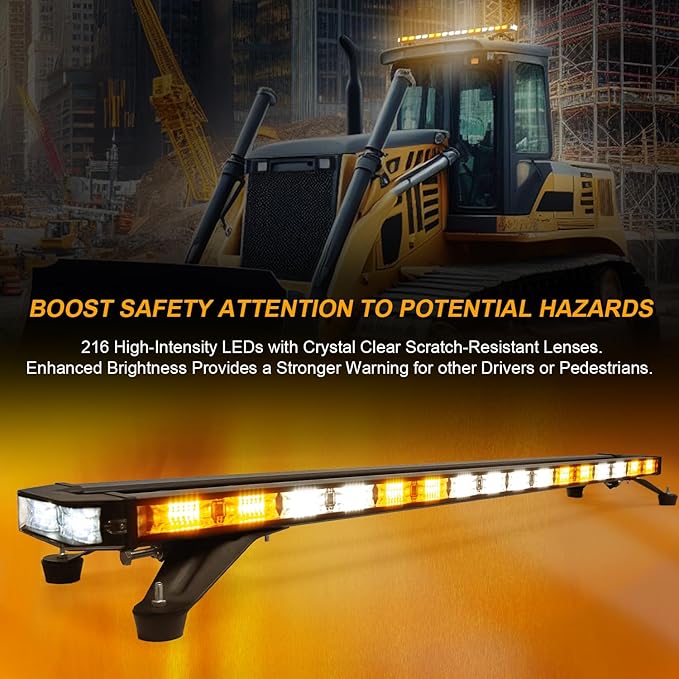 LUMENIX 48 Inch Rooftop Strobe Emergency Lights Bar Heavy-Duty Warning Flashing Traffic Lightbar w/LED Alley and Take Down Light for Construction Vehicles Towing Work Trucks Snow Plows - White Amber