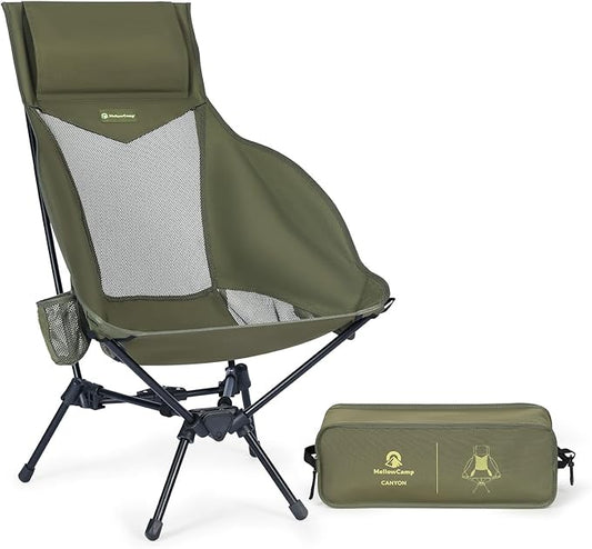 MellowCamp High Back Camping Chair, Oversized Comfort Design Collapsible Camp Chair with Pillow (Green)